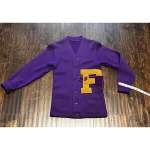 1950s WOOL SAND KNIT CHEERLEADER University HIGH SCHOOL "F"‎ LETTER SWEATER Read